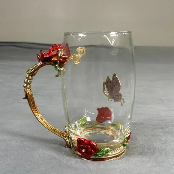 Elegant Tea Cup Glass Coffee Mug Enamel Rose Flower Butterfly ARC and Spoon - Picture 3 of 16